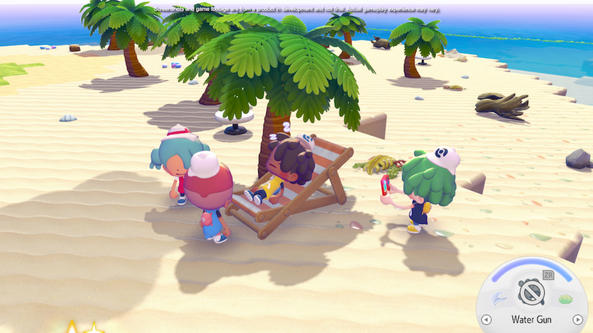 A group of human Dittos enjoying beach time in Pokopia