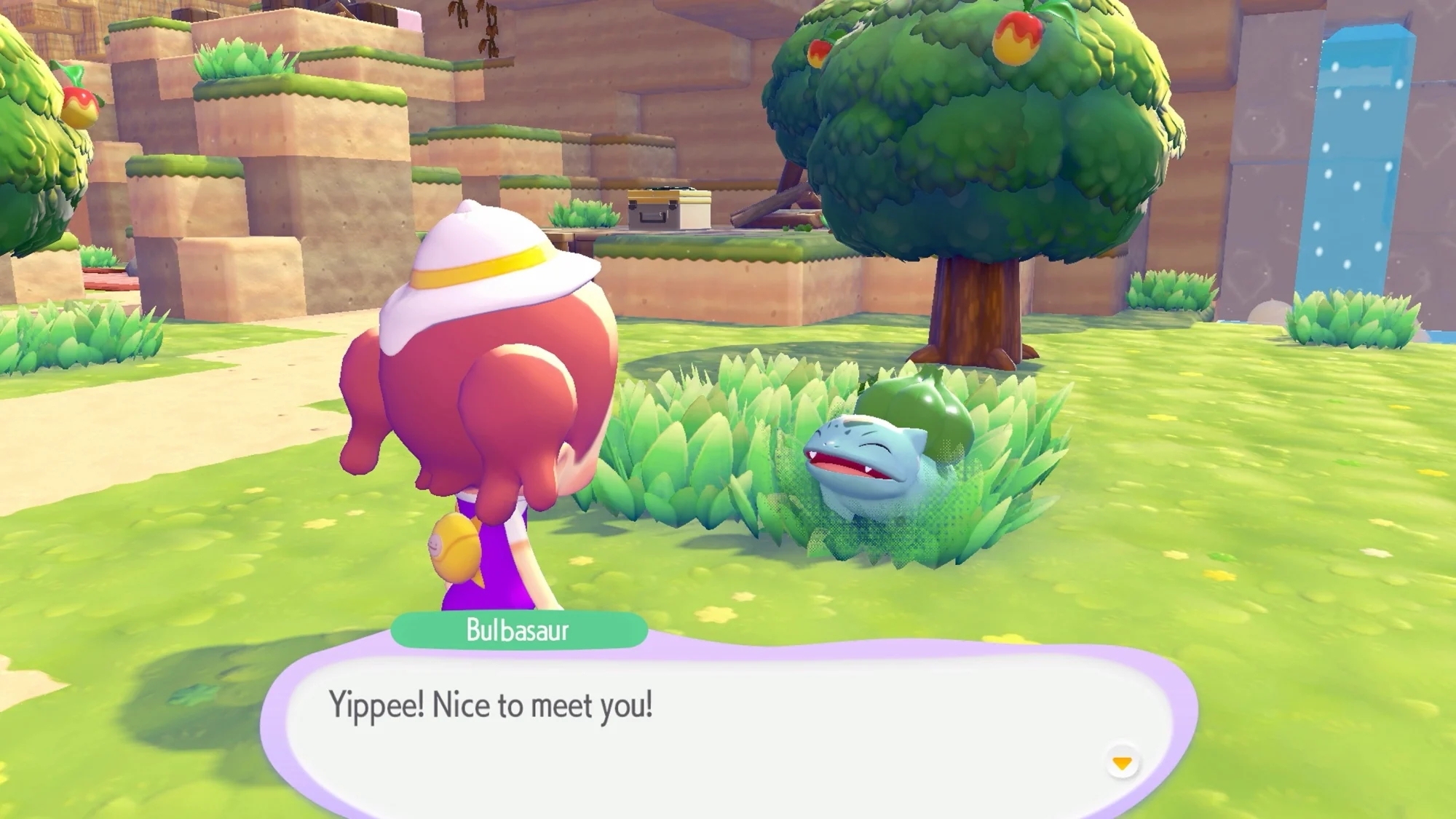 Player greeting Bulbasaur in Pokémon Pokopia