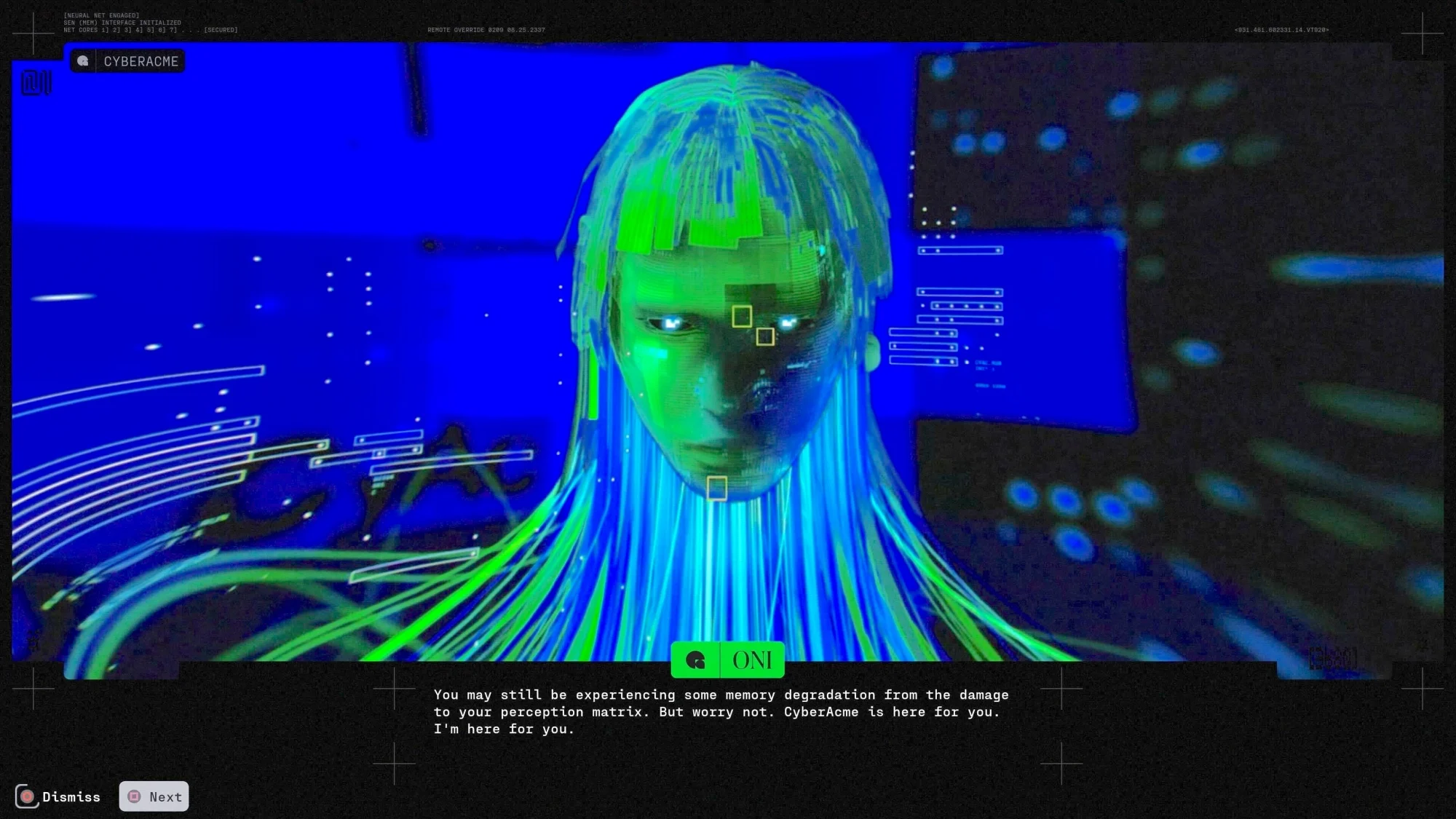 A cybernetic head engages with the player.