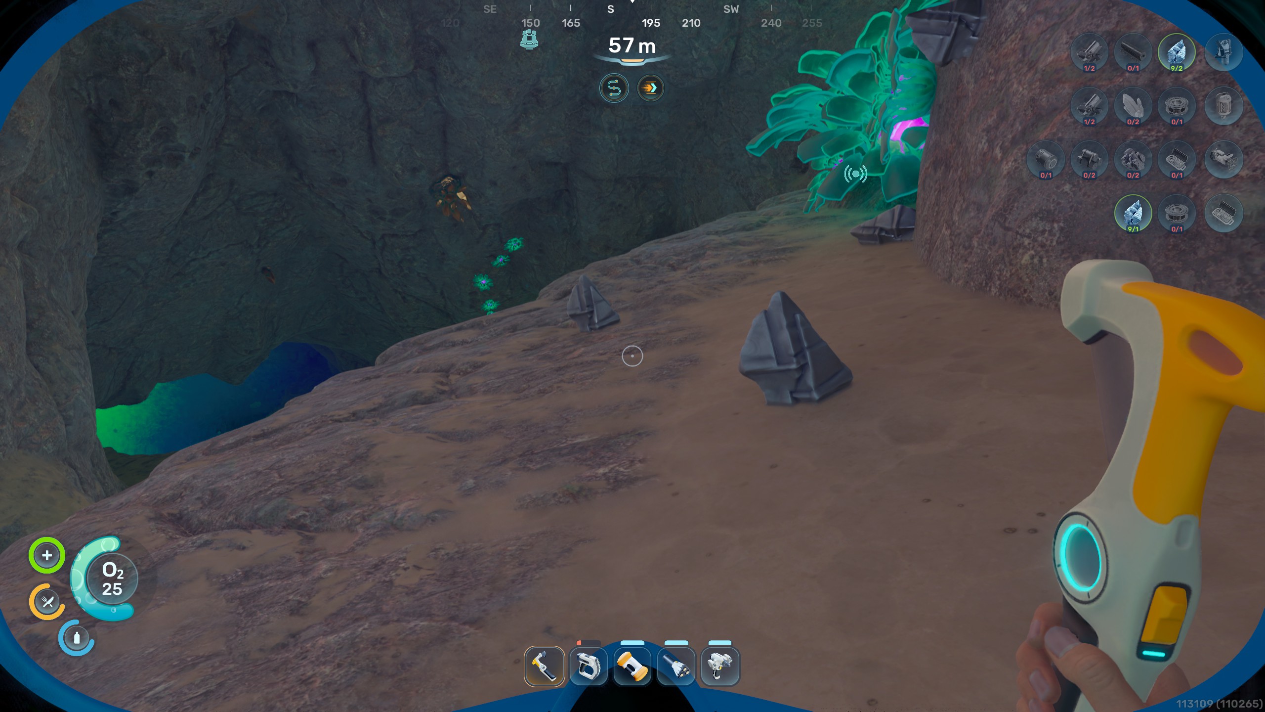 A player explores an underwater cave in Subnautica 2, with on-screen oxygen and health indicators.