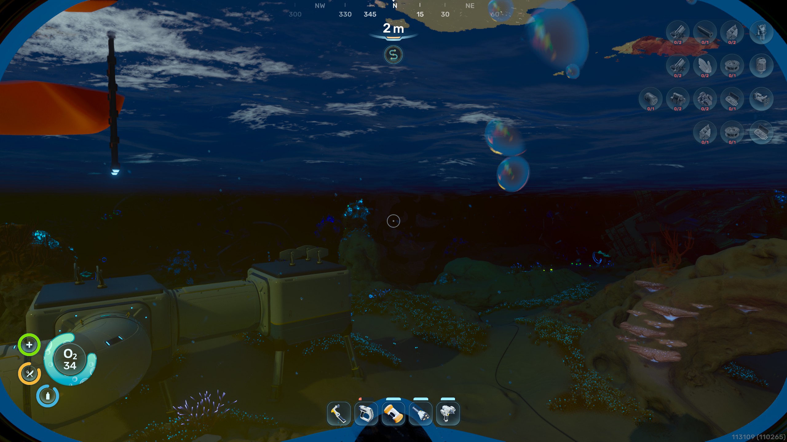 An underwater base with a visible 'O₂ 34' indicator on the player's HUD.