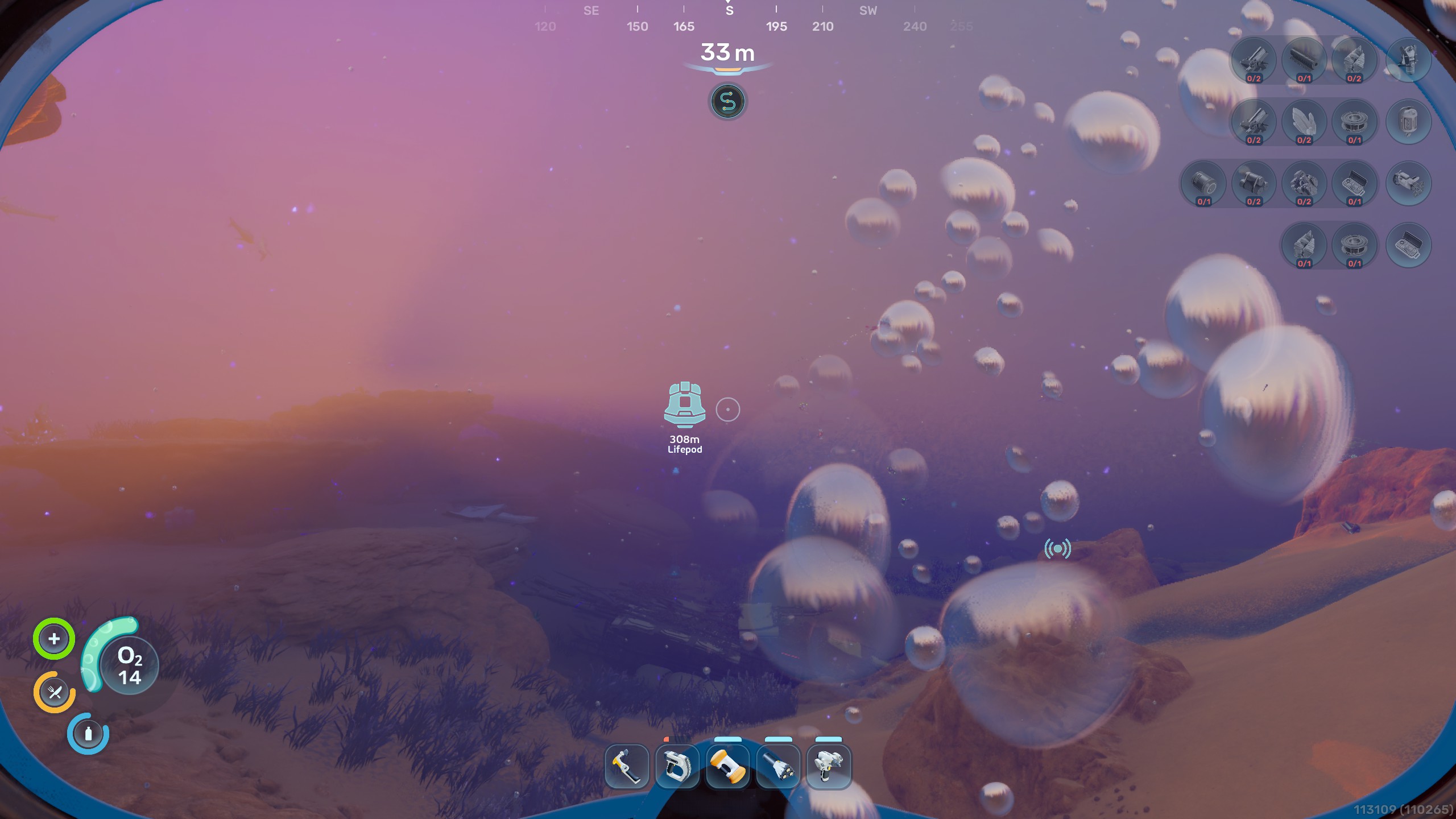 An underwater environment with bubbles, featuring a UI indicating depth and oxygen level.