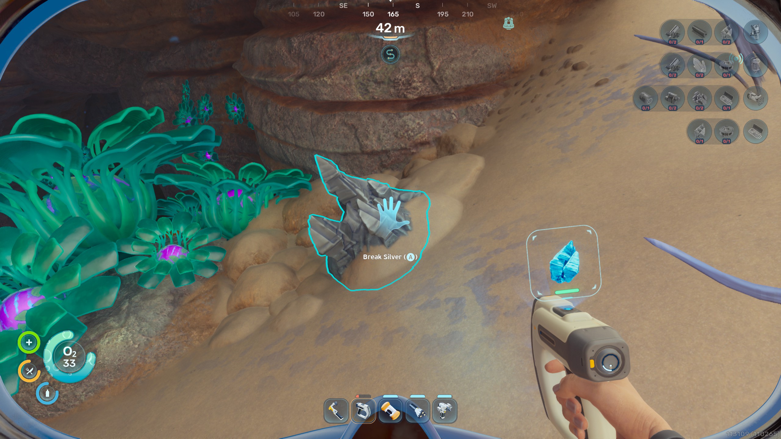 A player in 'Subnautica 2' aims a tool at a rock formation with a prompt to 'Break Silver (A)' while underwater.