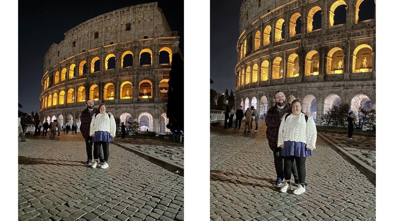 Two people pose together on cobblestone pavement at night in front of the illuminated Colosseum, shown in two similar side-by-side photos taken from slightly different distances