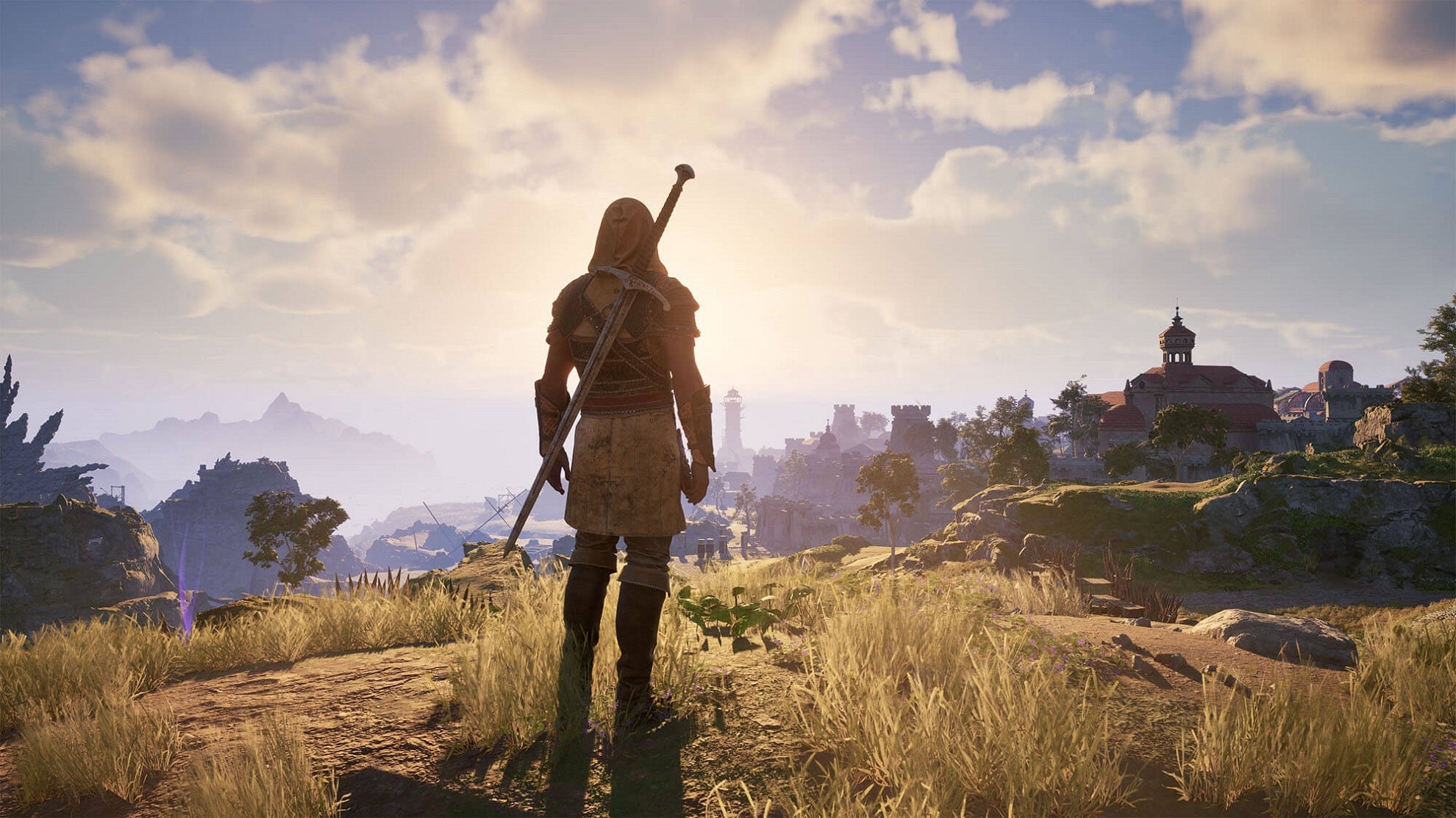 Hero character staring into the distance of the vast landscape.