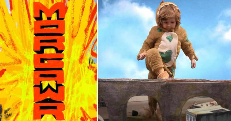 A split image: on the left, bold orange and black text reads 'MORGASWAR' against a fiery yellow background; on the right, a child in a fuzzy dinosaur costume stomps over a model bridge and toy buildings.