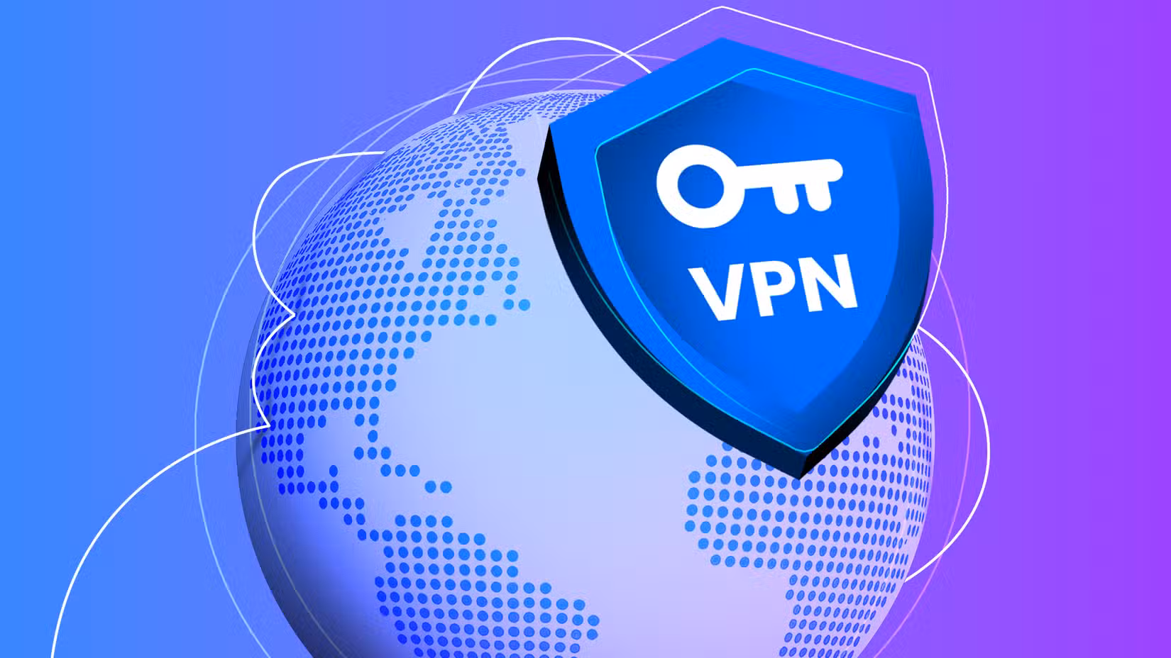 A blue VPN shield icon with a key symbol over a digital globe.