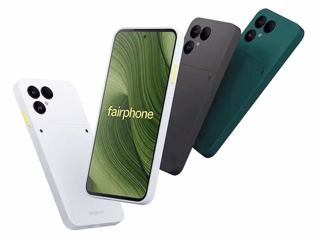 Fairphone 6 front and back in several colors.