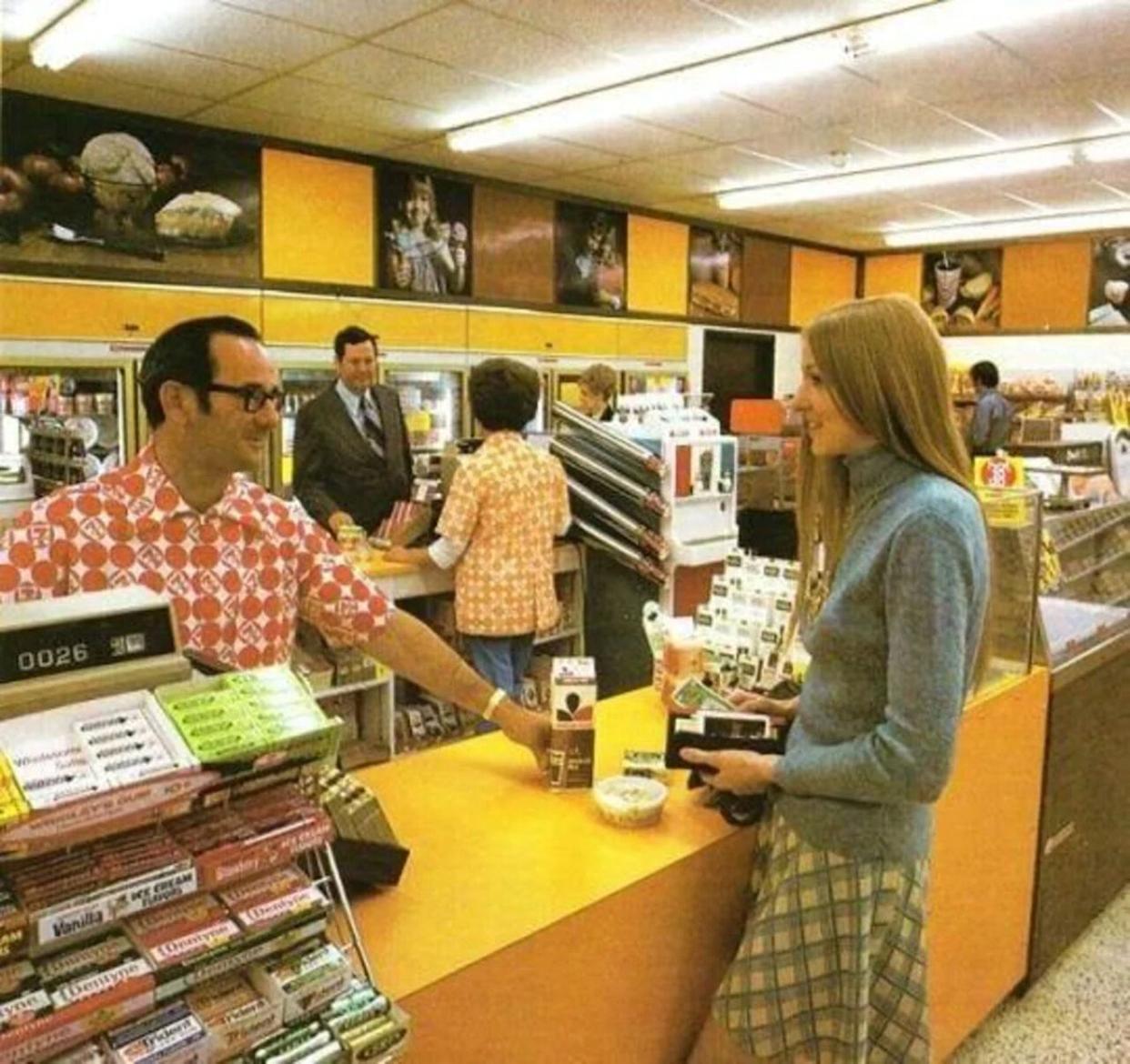 Inside a 7-eleven that is incredibly orange