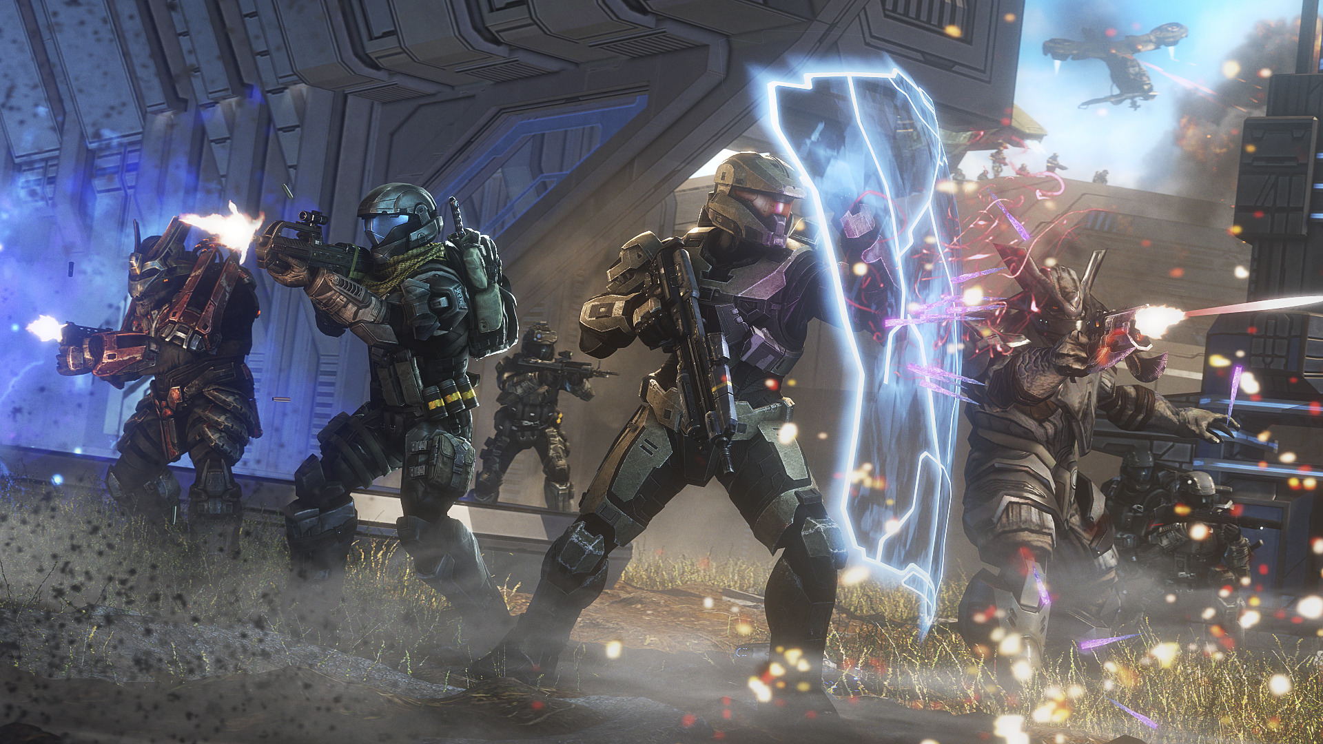 Spartans, ODSTs, and Brutes fighting together against an unseen enemy.