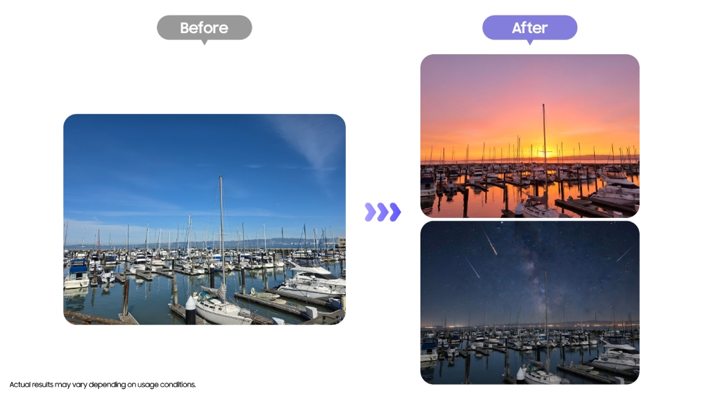 Dynamic transitions of a harbor scene captured at sunset and nighttime using Photo Assist