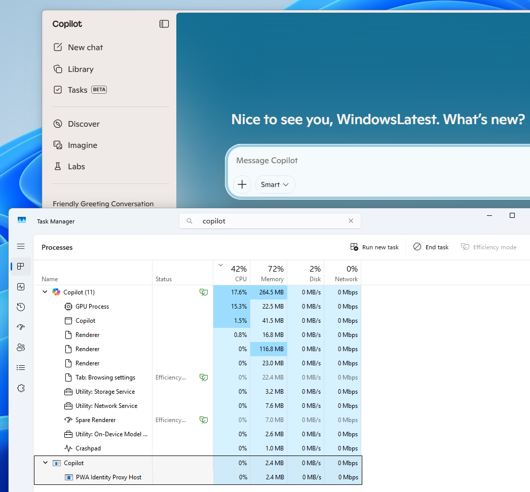 Copilot web processes in Task Manager