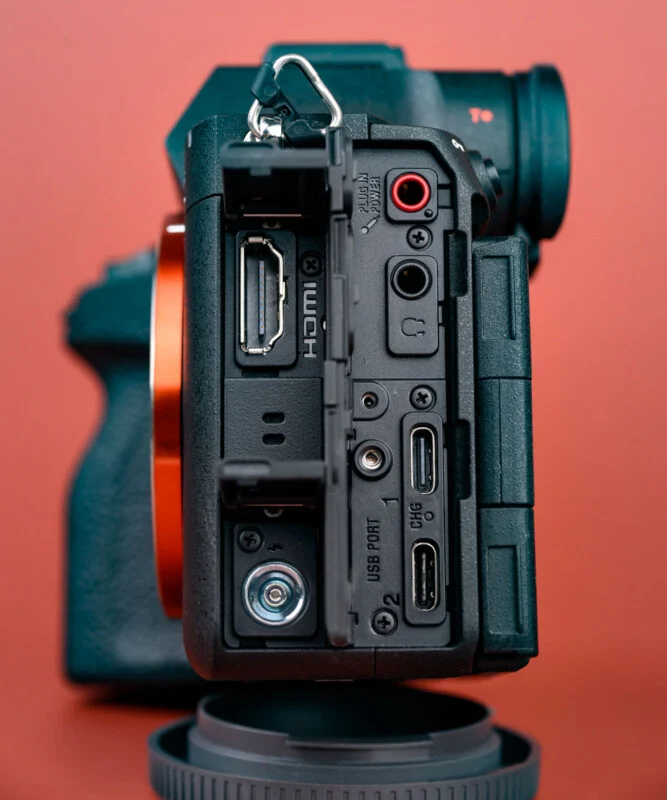 Close-up of a digital camera’s side panel showing various input and output ports.