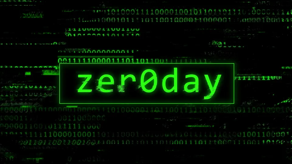 Against a backdrop of green binary code, a green dialog box displays: zer0day.
