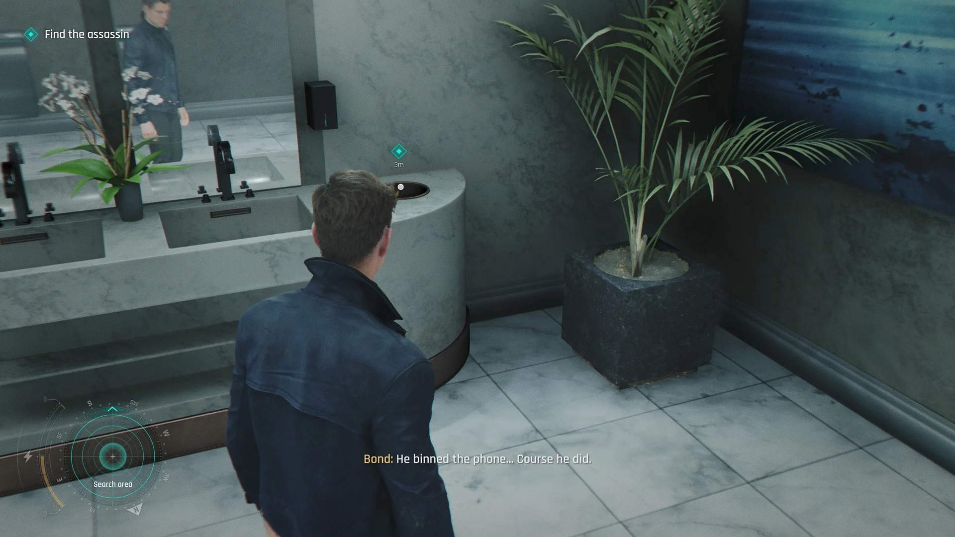 Bond finds a discarded phone in the washroom in 007 First Light.